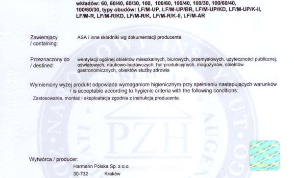 Wentylatory Harmann z certyfikatami PZH