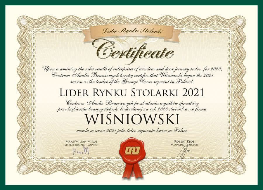 Certyfikat przyznający tytuł Lidera Rynku Stolarki 2021 firmie WIŚNIOWSKI