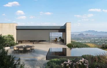 Drzwi przesuwne Schüco ze zintegrowaną roletą tekstylną