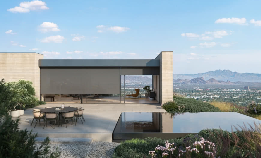 Drzwi przesuwne Schüco ze zintegrowaną roletą tekstylną