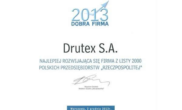 Tytuł "Dobra Firma 2013" dla firmy Drutex