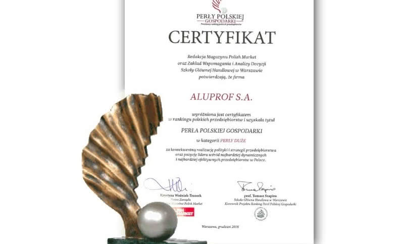 Tytuł "Perła Polskiej Gospodarki" dla firmy Aluprof