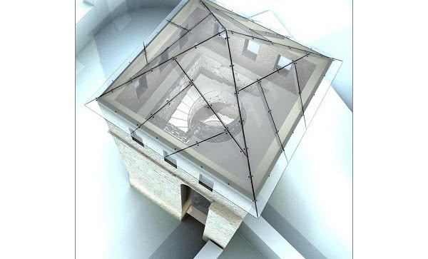 Piramidalny dach kamiennej wieży Skrivanat w Chorwacji