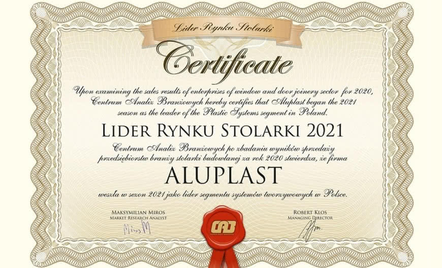 Aluplast wyróżniony tytułem Lidera Rynku Stolarki 2021