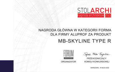Nagroda Stol Archi 2022 dla systemu MB-Skyline Type R od Aluprof