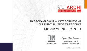 Nagroda Stol Archi 2022 dla systemu MB-Skyline Type R od Aluprof