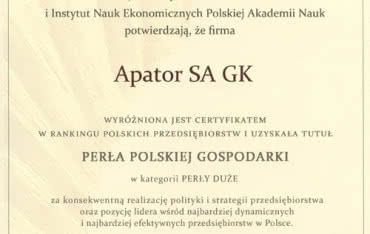 Apator SA z certyfikatem Perła Polskiej Gospodarki