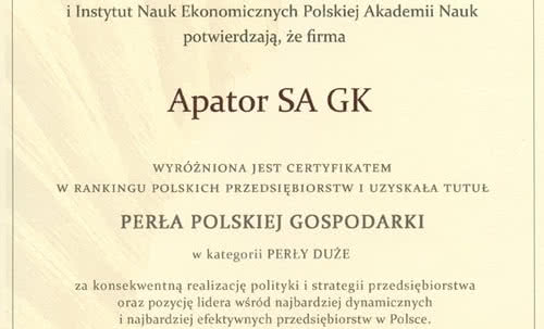 Apator SA z certyfikatem Perła Polskiej Gospodarki