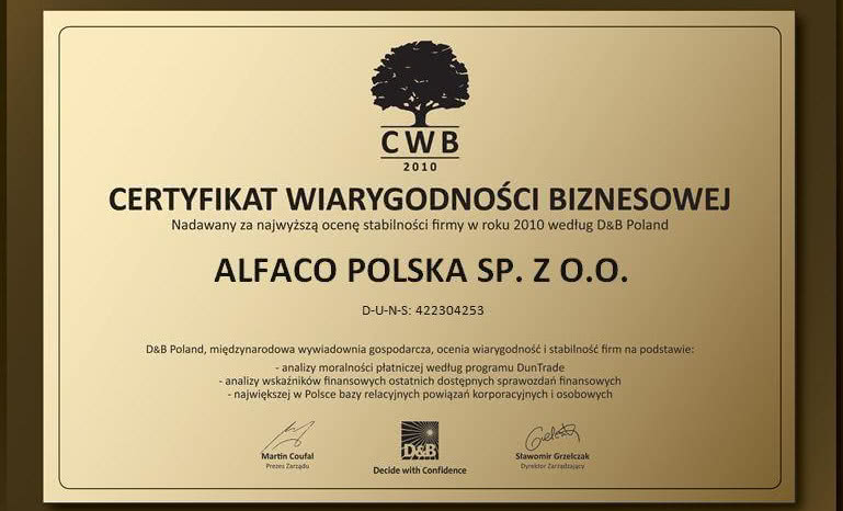Alfaco z Certyfikatem Wiarygodności Biznesowej