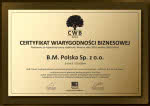 Certyfikat Wiarygodności Biznesowej B.M. Polska
