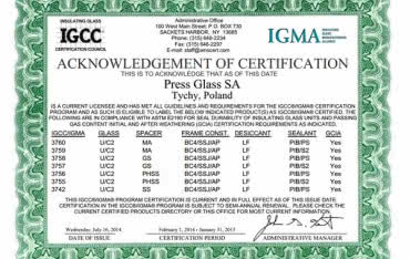Szyby PRESS GLASS z certyfikatem IGCC/IGMA