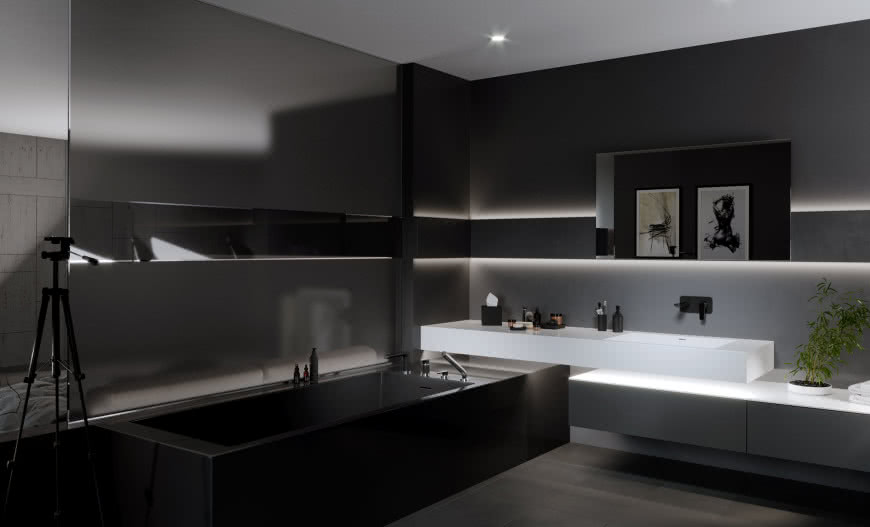 Ponadczasowa czerń w aranżacji strefy kąpielowej