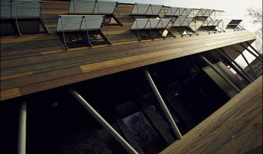 Efektowna fasada szkoły i dom na drzewie