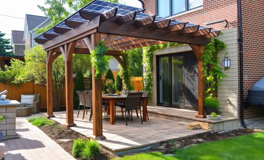 Pergola przyszłości: panele fotowoltaiczne i roślinność na dachu! 