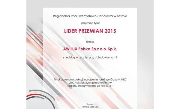 Firma Awilux z tytułem LIDERA PRZEMIAN