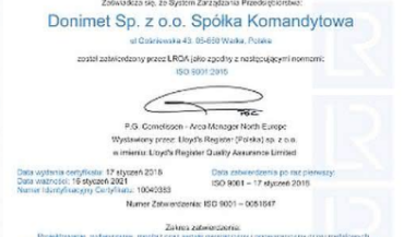 Certyfikat Zarządzania Jakością ISO 9001:2015 dla firmy Donimet