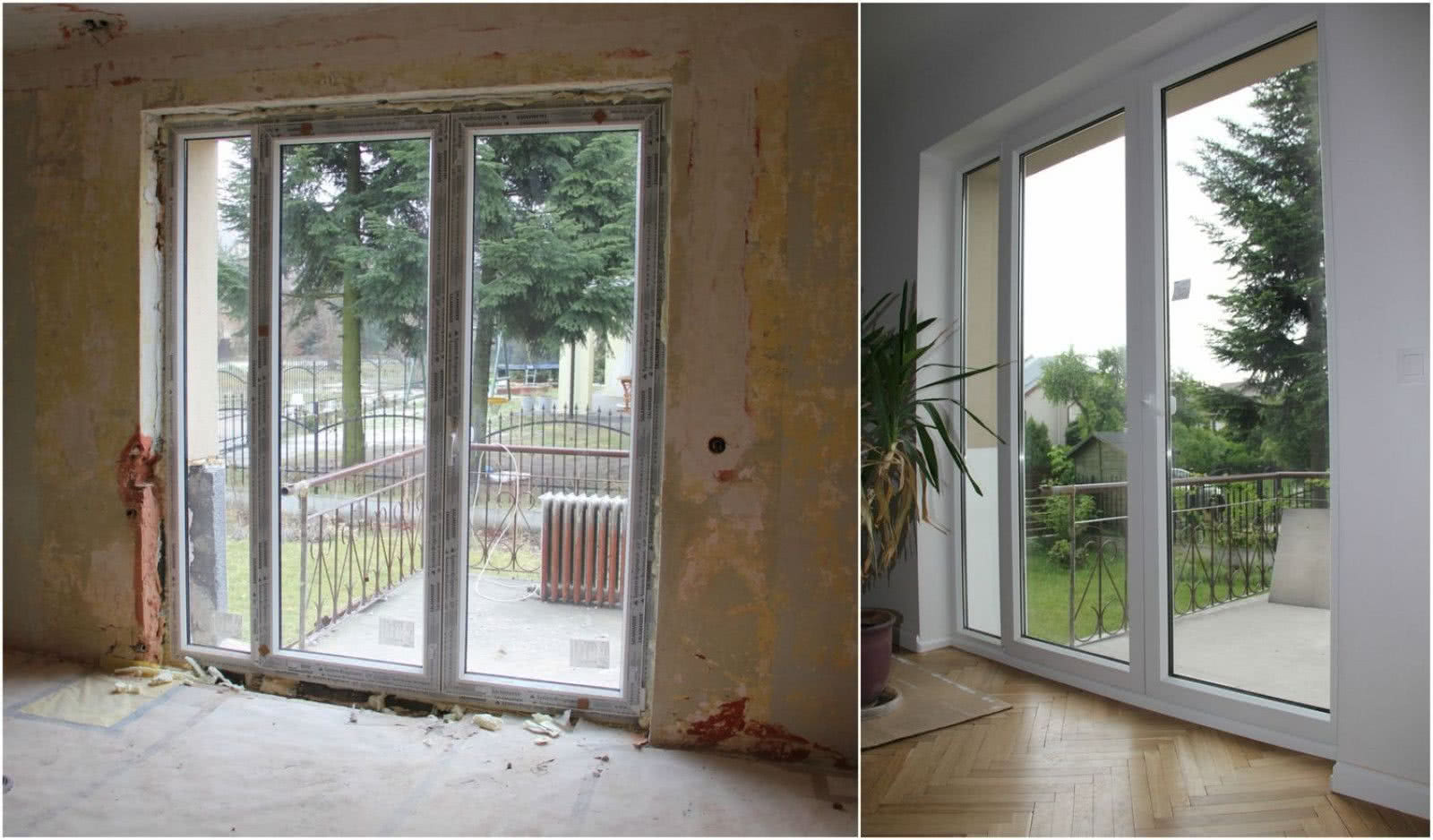 Nowe, plastikowe drzwi balkonowych w remontowanym domu - w trakcie prac i po ich zakończeniu. fot. J. Werner