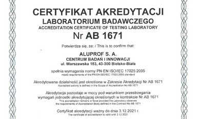 Centrum Badań i Innowacji ALUPROF z akredytacją PCA