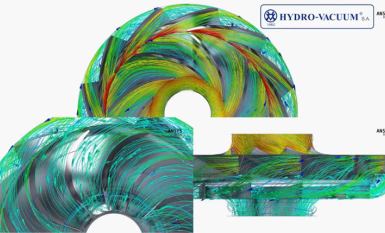 Trajektorie cząstek cieczy w wielostopniowej pompie wirowej typu WH (Ansys CFD)