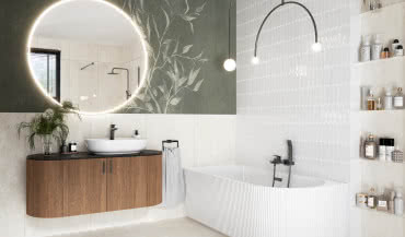 Nowoczesna łazienka bez sterylnej bieli: pastele, roślinne motywy i armatura gun metal