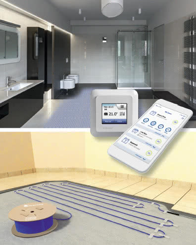 Elektryczne ogrzewanie podłogowe ułożone pod płytkami w łazience, sterowane termostatem i zdalnie, fot. Elektra