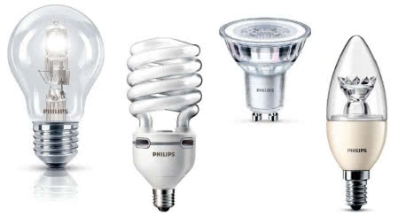 Rodzaje źródeł światła (od lewej): żarówka halogenowa, świetlówka energooszczędna, reflektor halogenowy i lampa LED, fot. Philips