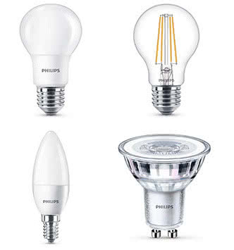 Gwinty opraw oświetleniowych (od lewej), E27, E27, E14, GU10, Philips 