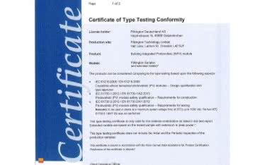 Certyfikat IEC dla szkła Pilkington Sunplus™ BIPV powered by Solaria
