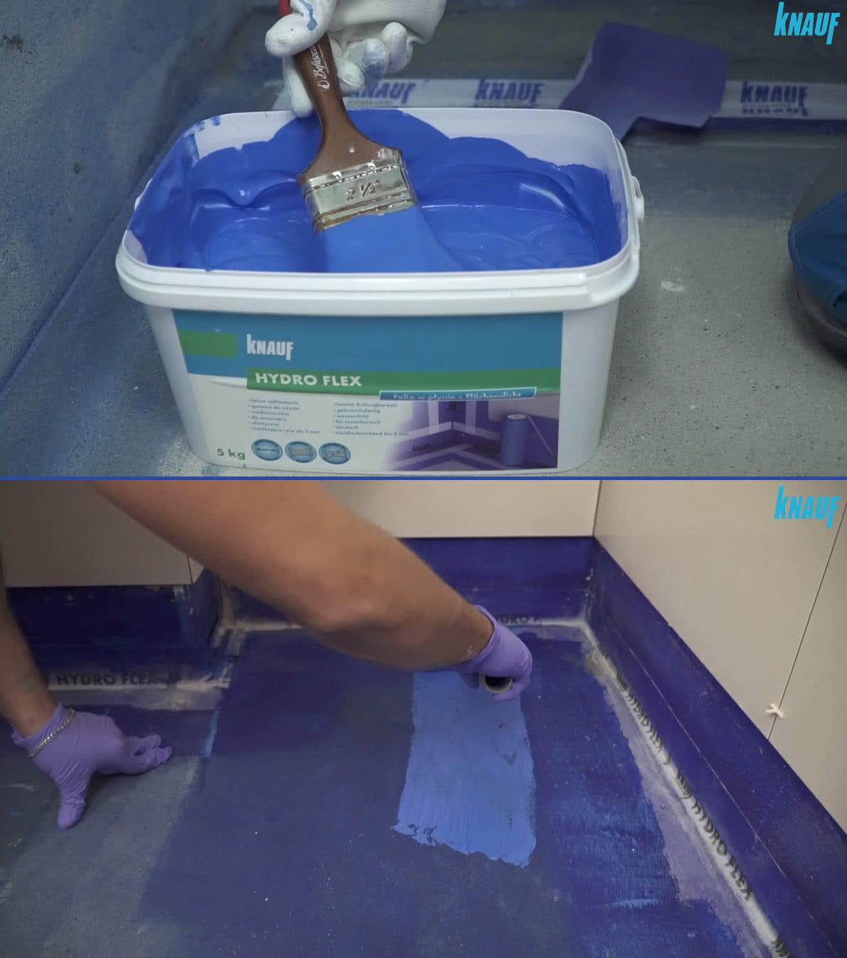 Wykonanie hydroizolacji w łazience za pomocą folii w płynie Knauf Hydro Flex. fot. Knauf